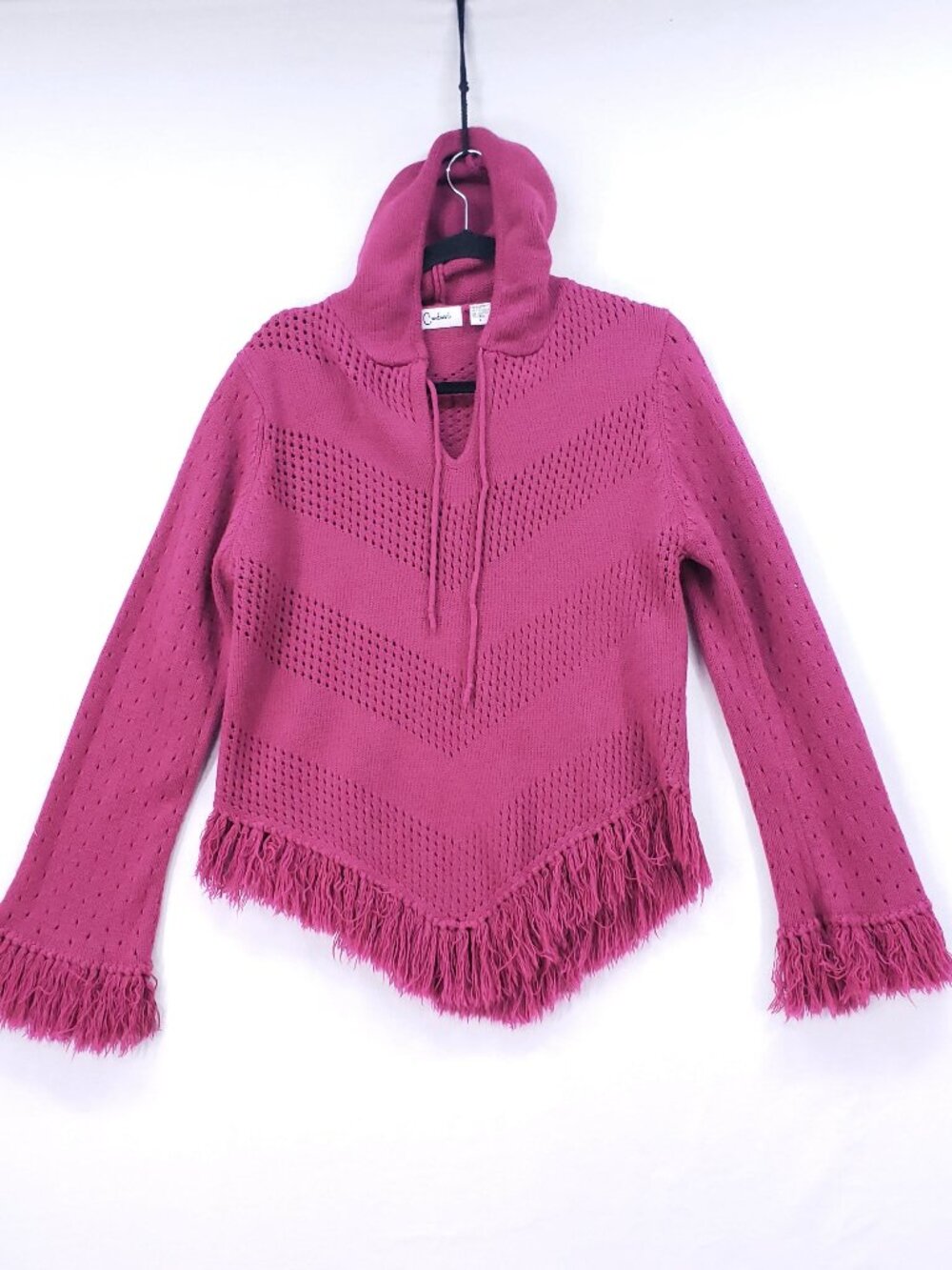 Vintage Carducci Sweater Size L Hoodie Boho Knit Fringe Asymmetric Hem Magenta